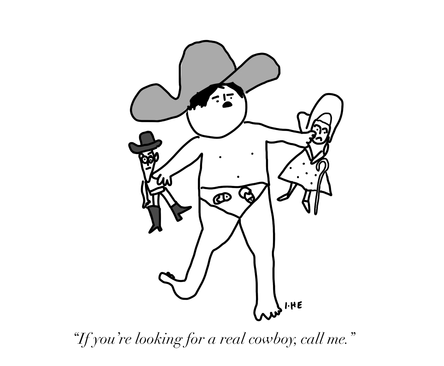 Cartoon of a young boy in a diaper and cowboy hat, holding dolls of Woody and Bo Peep, telling Bo Peep: "If you're looking for a real cowboy, call me."